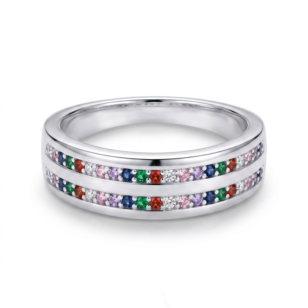 Anillo arcoíris multicolor en plata 925 con doble línea de detalles brillantes