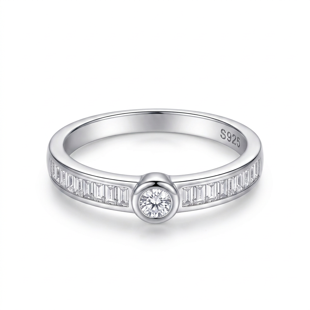 Anillo Aura Baguette en plata 925 con zircon central y detalles laterales brillantes