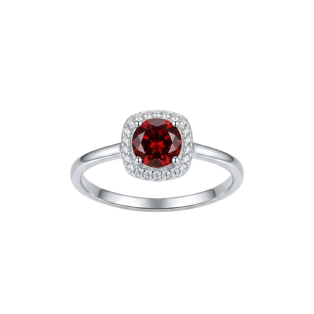 Anillo Aura Carmesí de plata 925 con zircon rojo central y halo brillante
