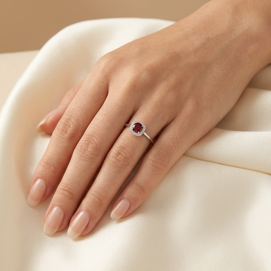 Detalle de anillo de plata 925 con piedra roja facetada y zircones transparentes