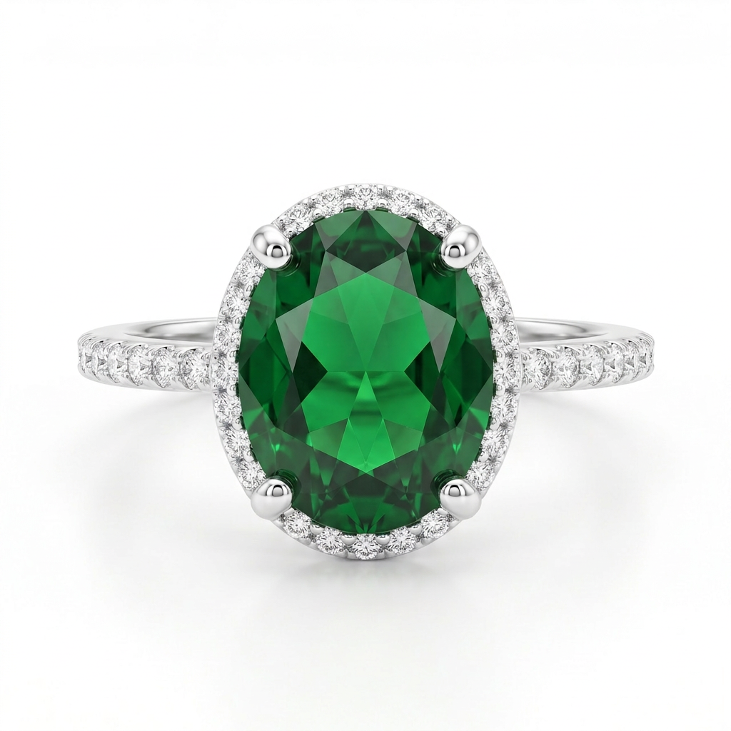 Anillo en plata 925 con piedra verde facetada y halo brillante