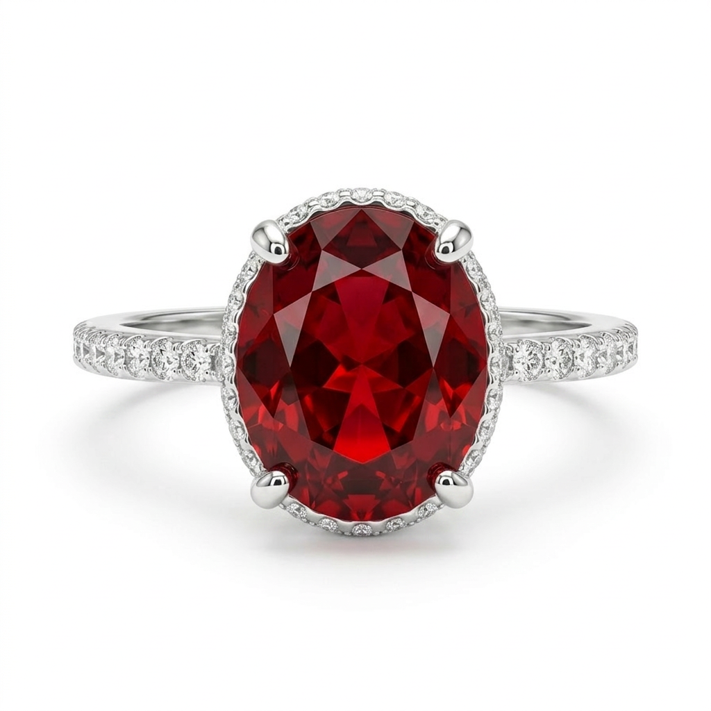 Anillo Carmesí Valentina de plata 925 con piedra roja ovalada y halo brillante