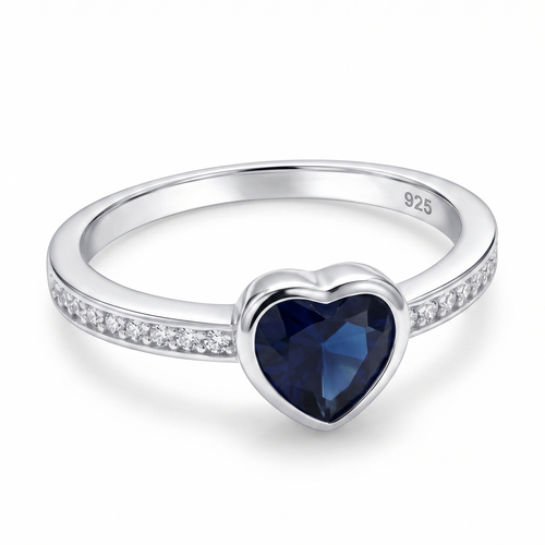 Anillo de plata 925 con piedra azul en forma de corazón y detalles brillantes en el aro