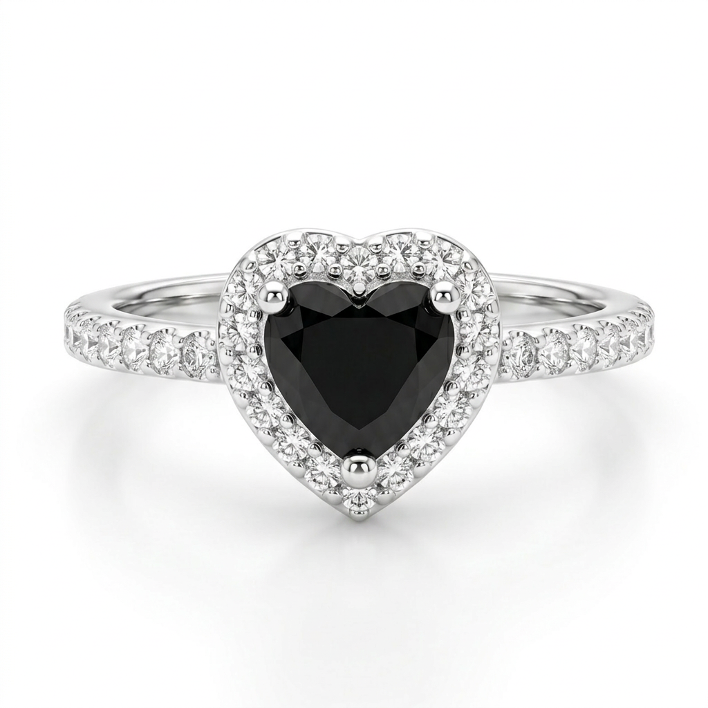 Anillo corazón negro en plata 925 con halo brillante y aro delicado