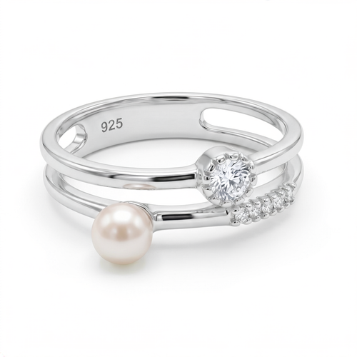 Anillo de plata 925 con diseño abierto, detalle perlado, piedra brillante y destellos laterales