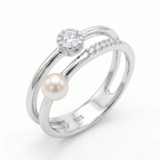Anillo elegante de plata 925 con doble línea, esfera perlada y piedra brillante sobre fondo blanco