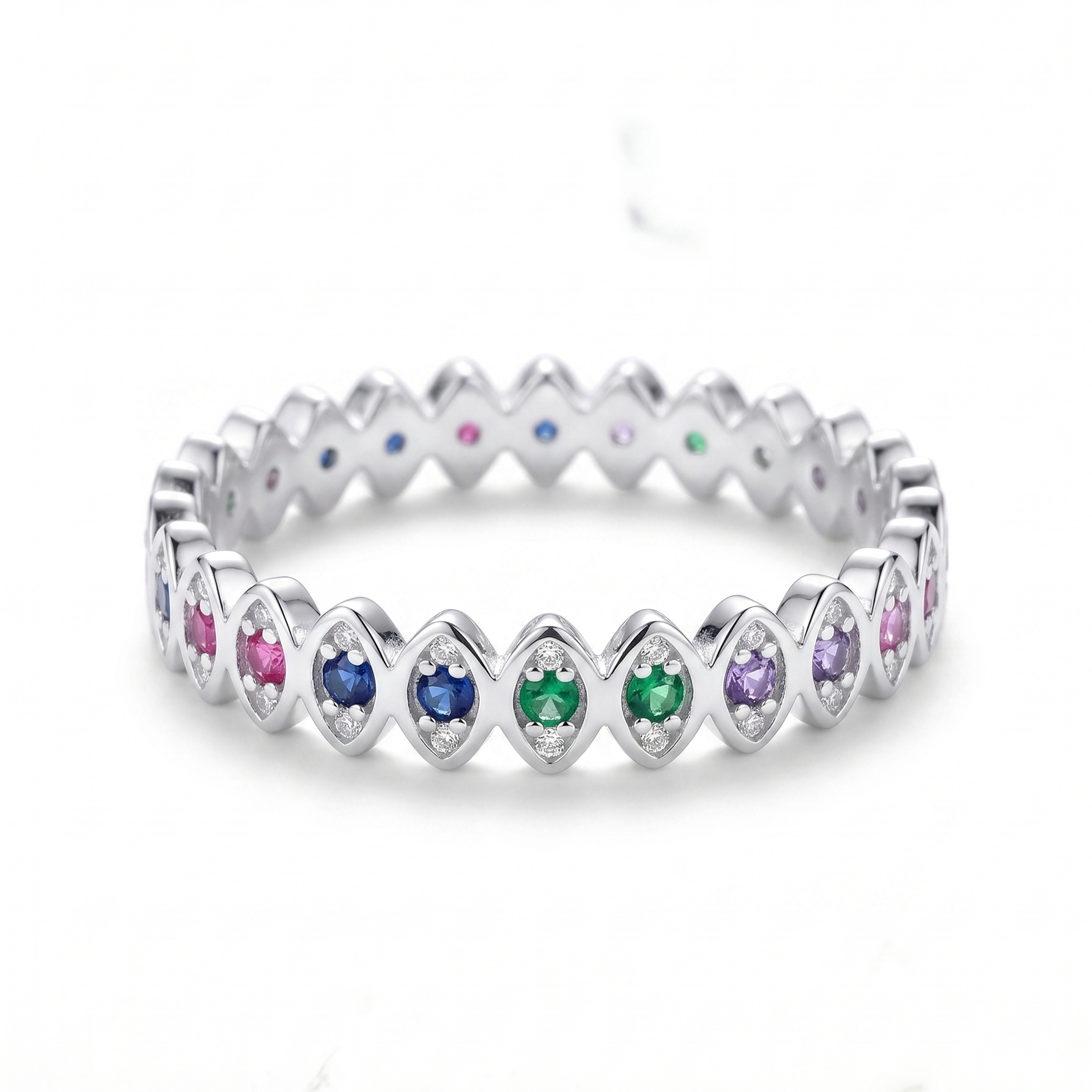 Anillo eternity de plata 925 con piedras multicolor y diseño delicado