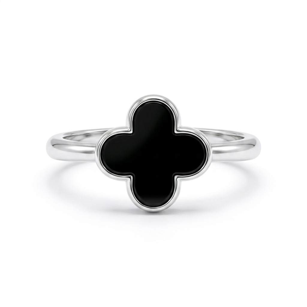 Anillo flor negra en plata 925 con borde plateado brillante