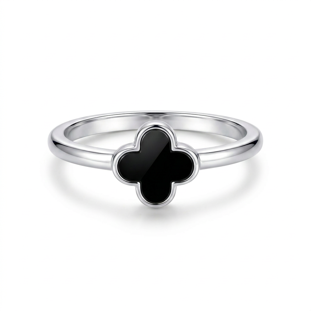 Anillo flor negra mini en plata 925 con borde plateado brillante