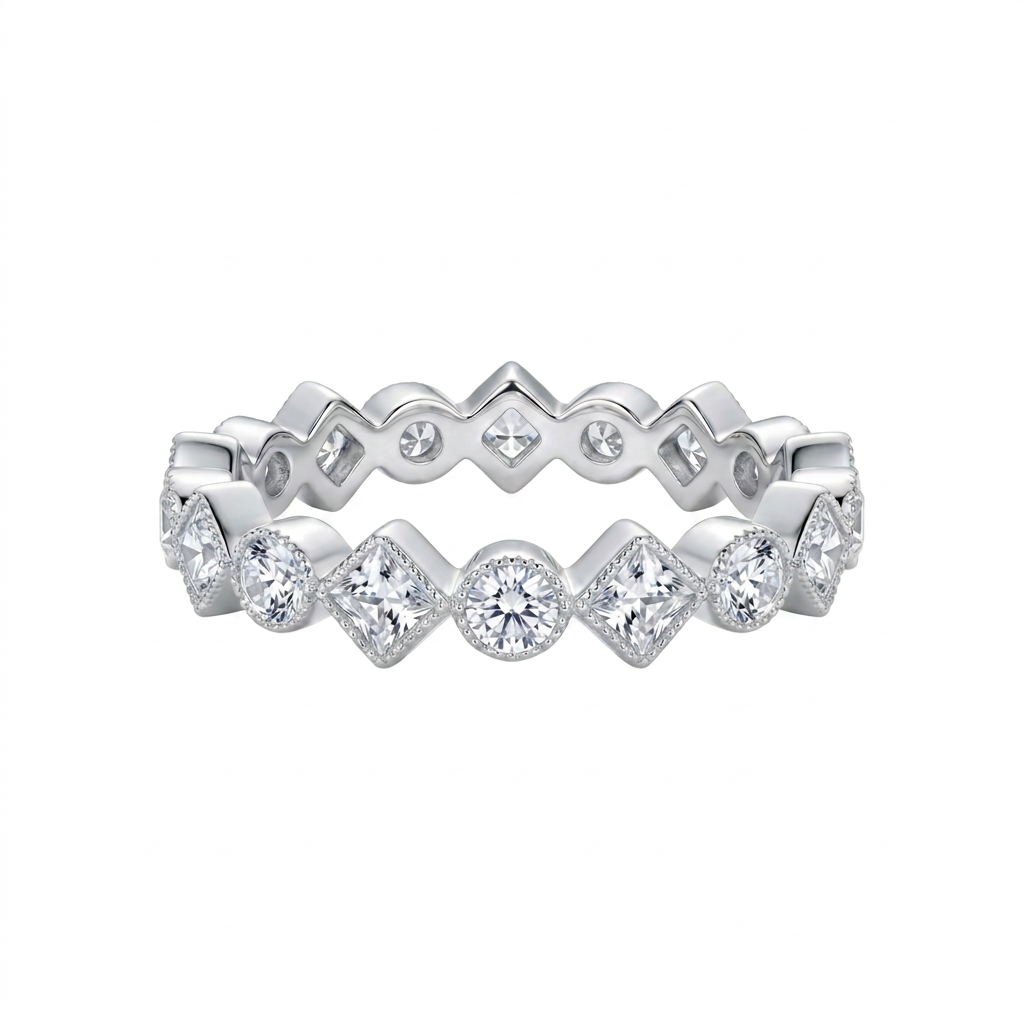 Anillo Geométrico Lumière en plata 925 con piedras brillantes redondas y cuadradas