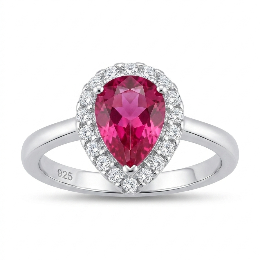 Anillo Gota Rubí Siena de plata 925 con piedra roja y halo brillante