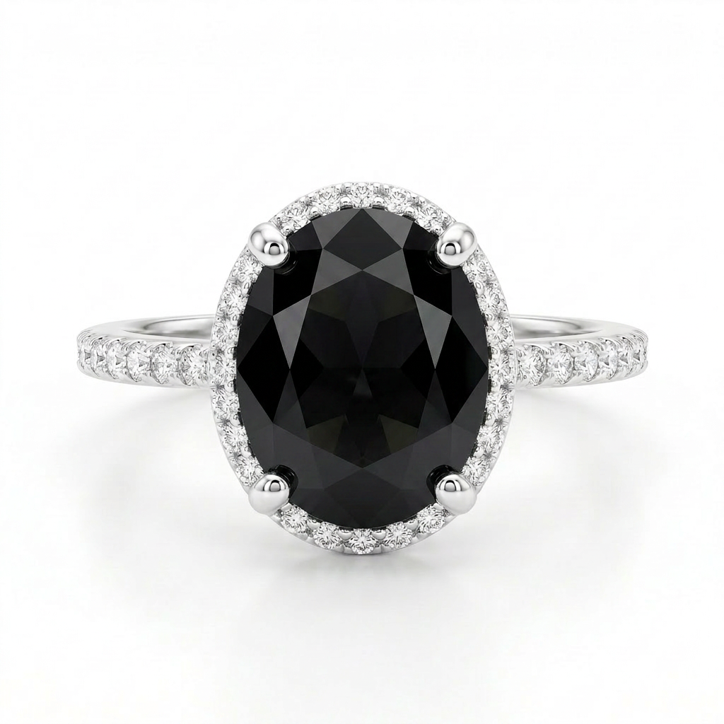 Anillo Noir Halo en plata 925 con piedra negra facetada y aplicaciones brillantes