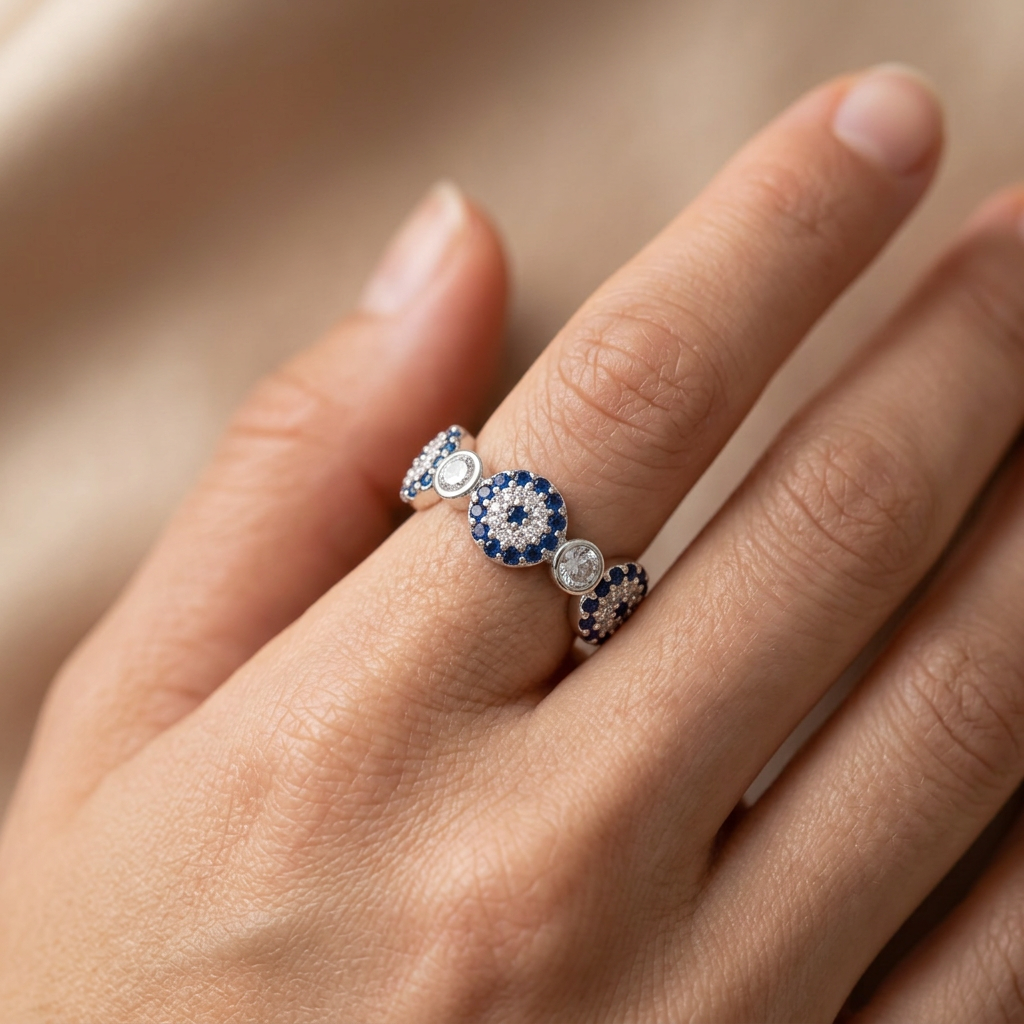 Anillo ojo turco azul en plata 925 con detalles brillantes