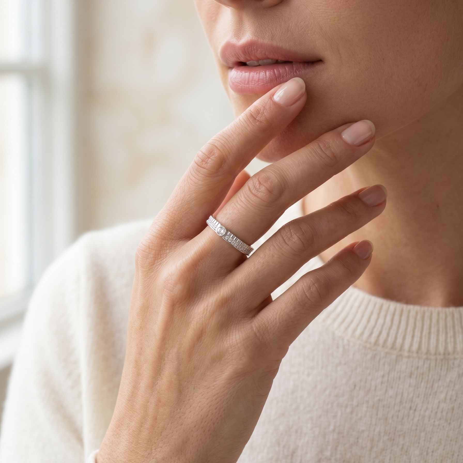 Anillo elegante de plata 925 con detalle brillante central y diseño sofisticado en uso