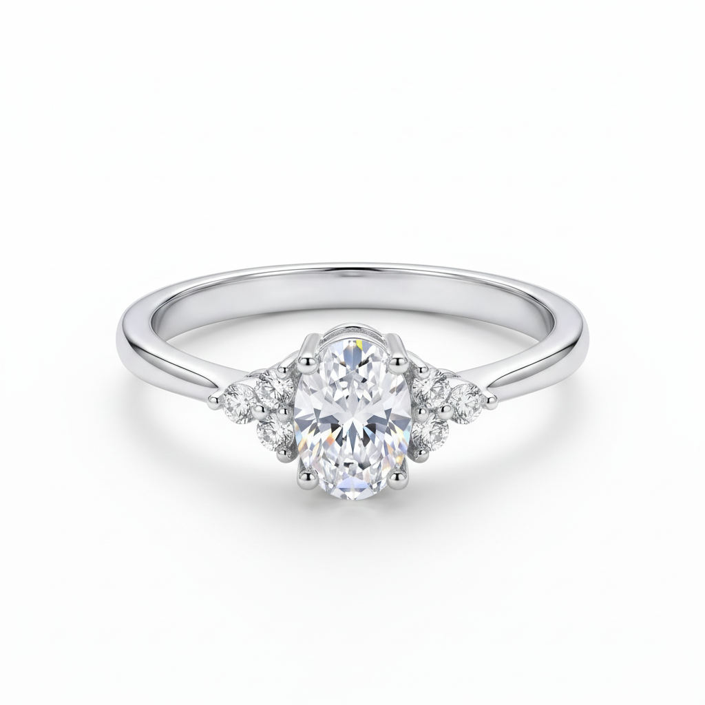 Anillo Oval Camelia de plata 925 con centro ovalado y detalles brillantes laterales