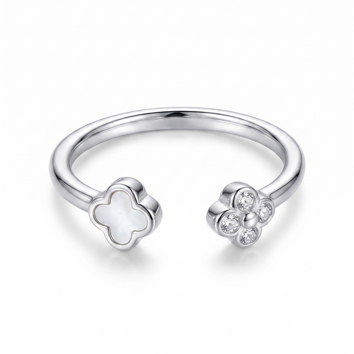 Anillo trébol dúo de plata 925 con detalle blanco y brillo delicado