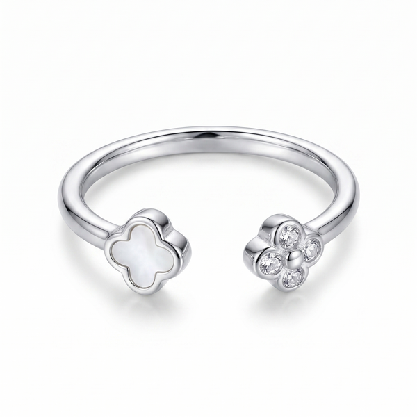 Anillo trébol dúo de plata 925 con detalle blanco y brillo delicado