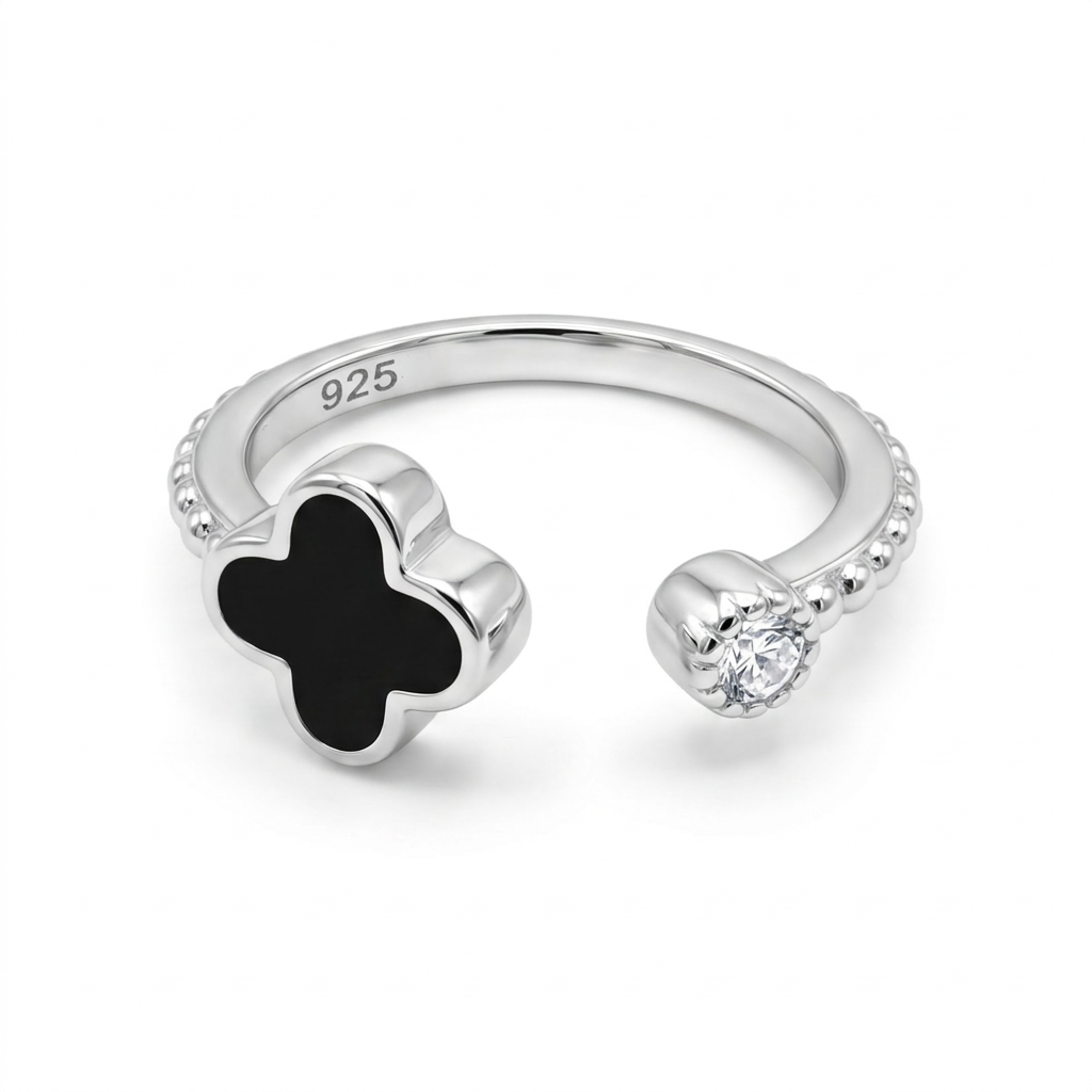 Anillo trébol negro abierto en plata 925 con punto de luz brillante