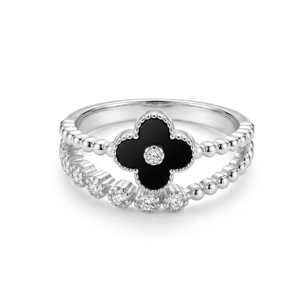Anillo trébol negro doble línea en plata 925 con punto de luz central