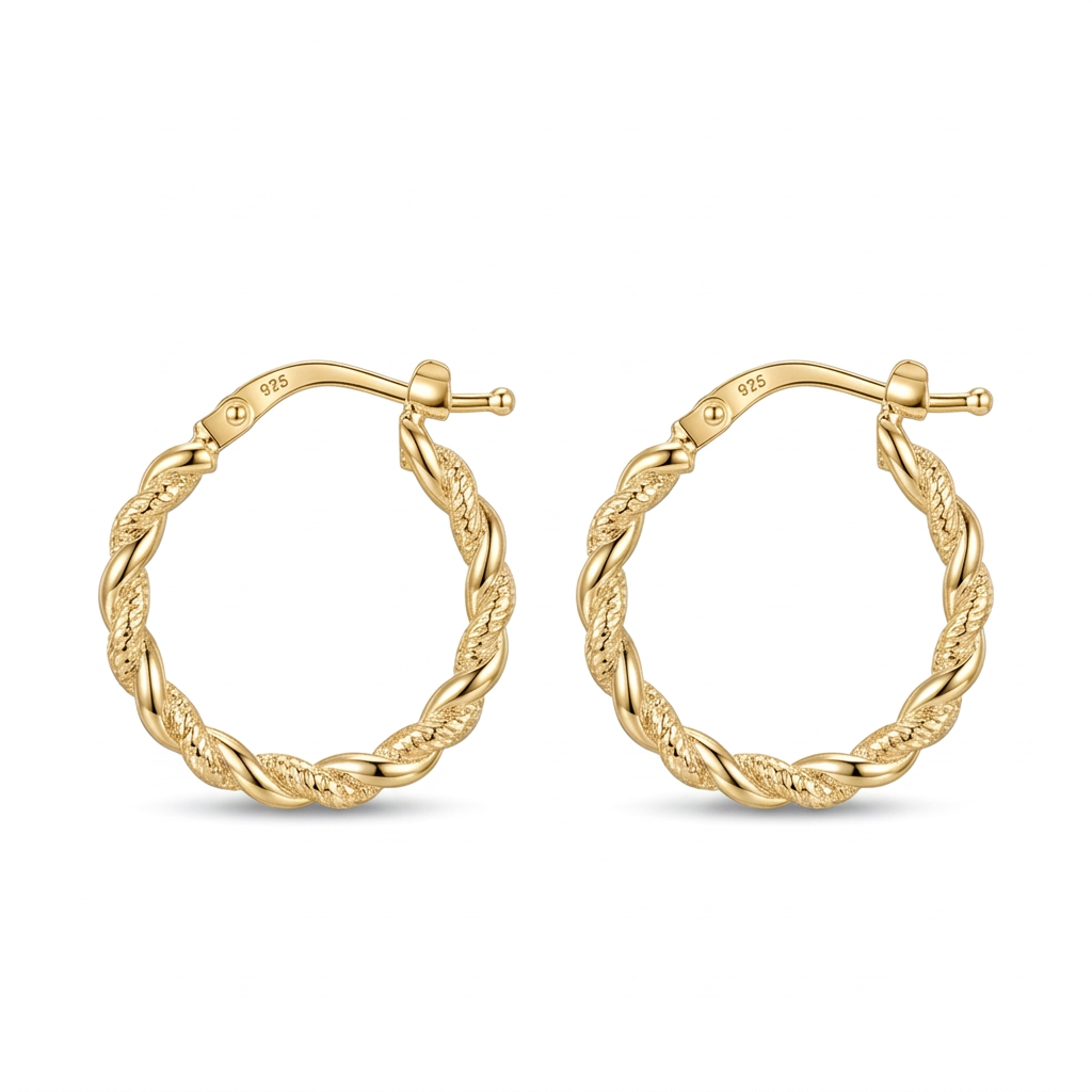 Aretes Argolla Trenzada de plata 925 bañada en oro 18k, de 22 mm