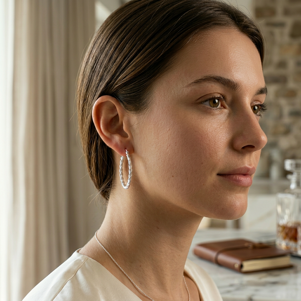 Mujer usando aretes argolla ovalada trenzada de plata 925