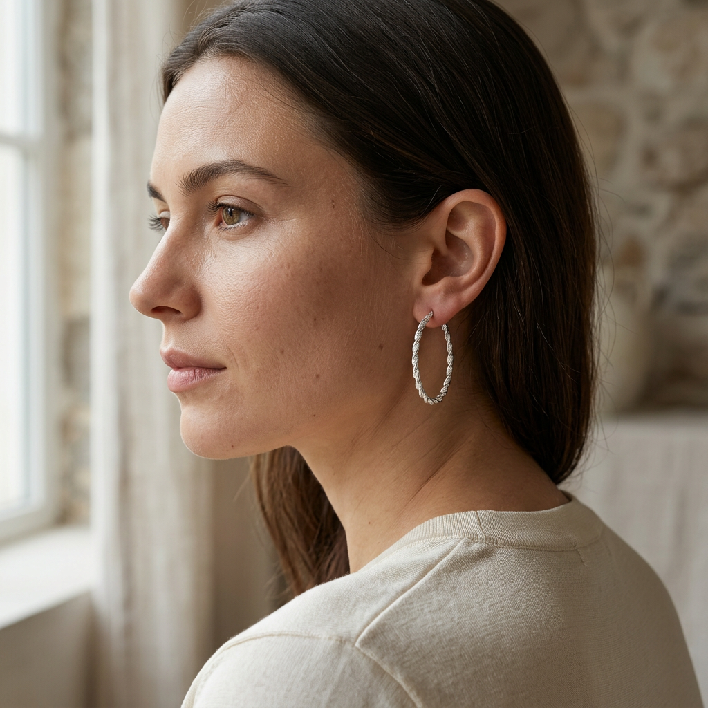 Aretes largos de plata 925 con diseño de argolla oval texturizada