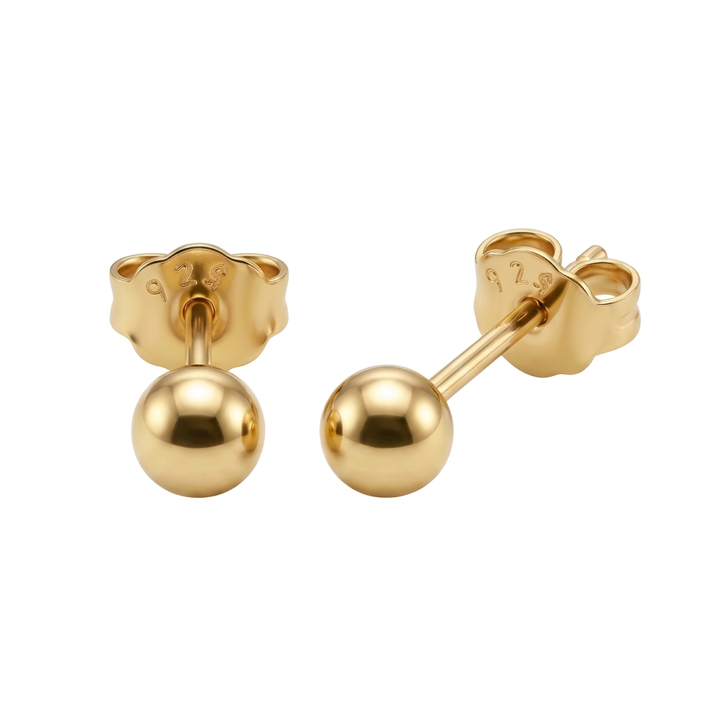Aretes bolita de 3 mm bañados en oro 18k sobre plata 925 con broche mariposa