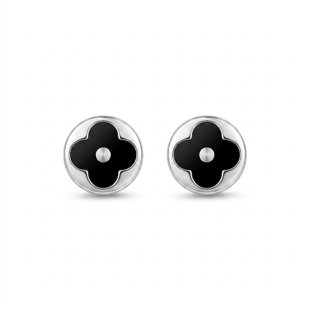 Aretes Círculo Trébol Ébano de plata 925 con detalle negro central