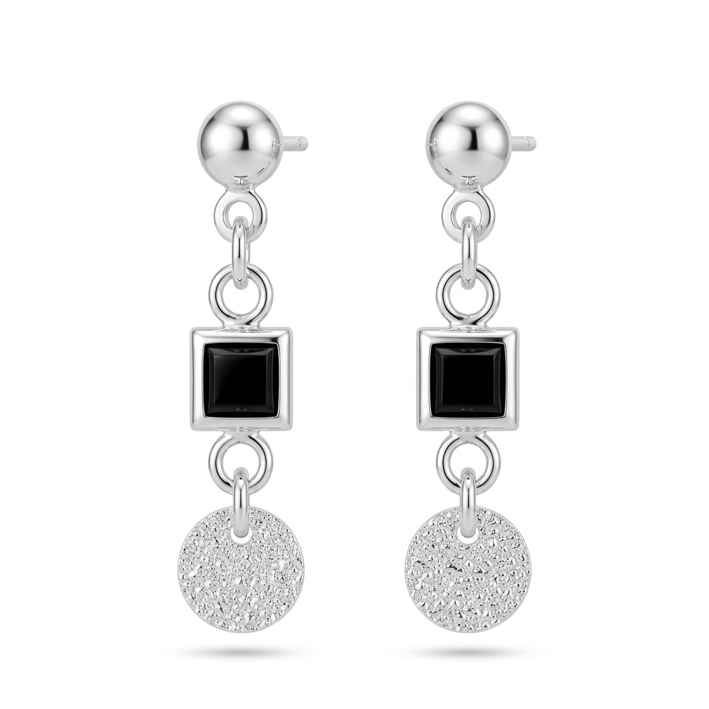 Aretes colgantes geométricos de plata 925 con cuadrado negro