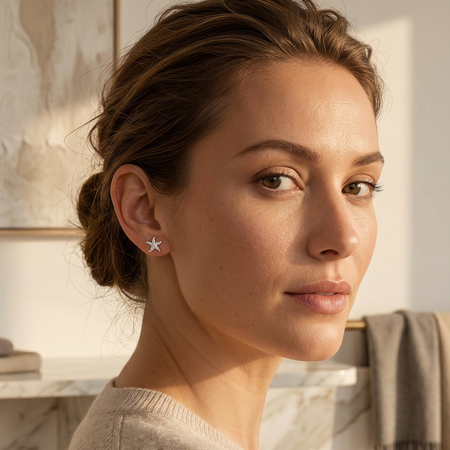 Aretes pequeños de plata 925 con forma de estrella marina y broche tipo mariposa
