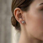 Aretes estrella de mar mini de plata puestos en la oreja