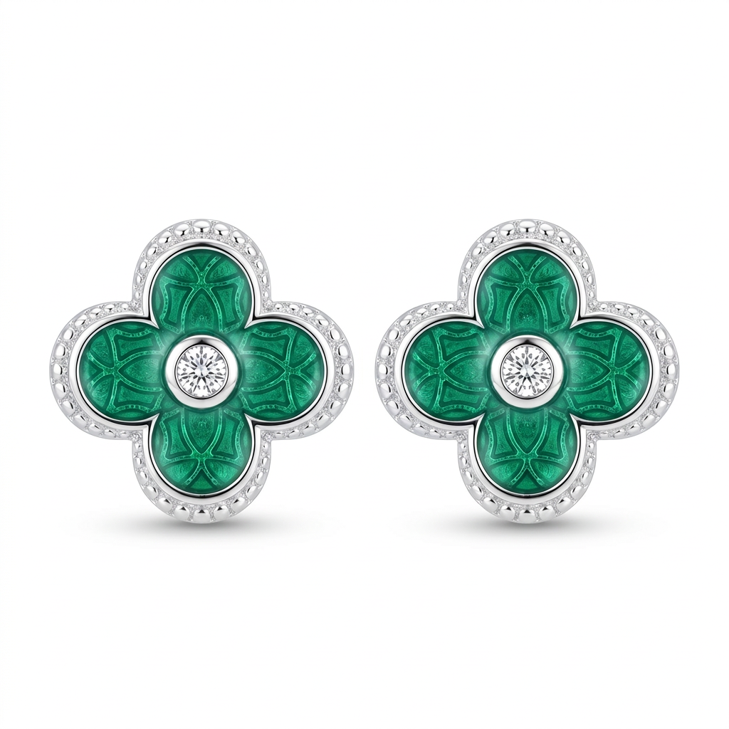 Aretes Flor Esmeralda de plata 925 con zircon central y diseño verde de 8mm