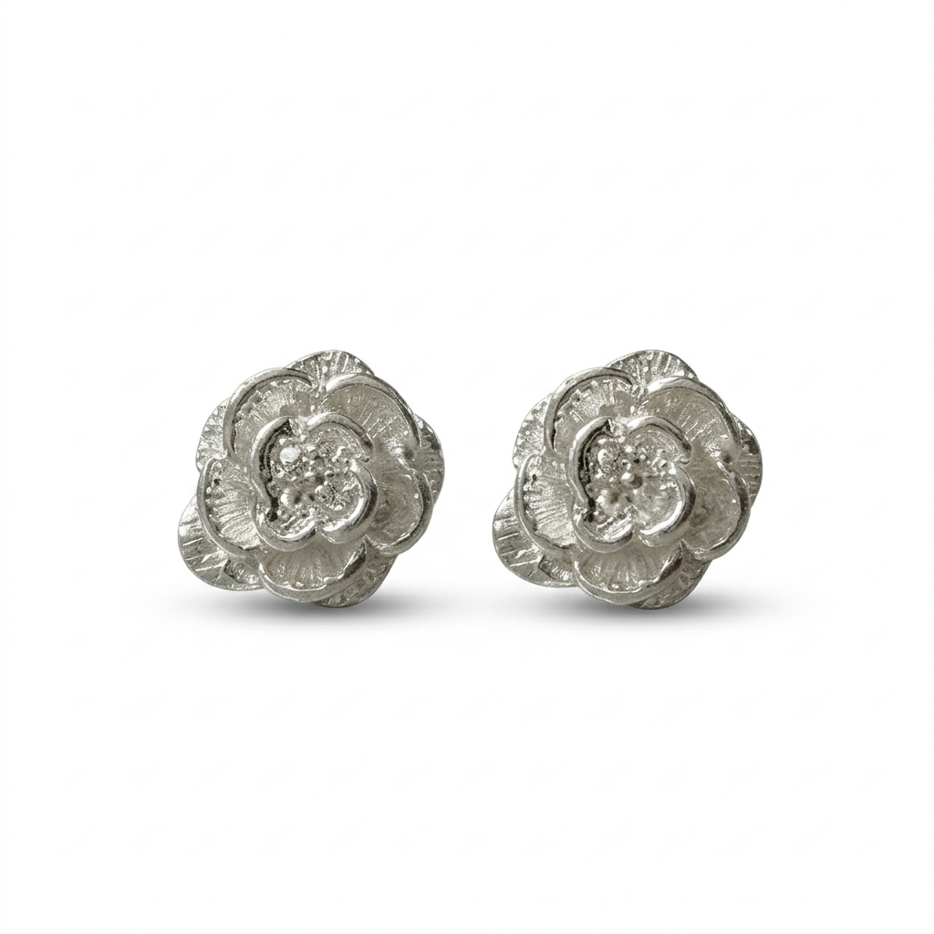 Aretes flor mini de plata 925 con diseño floral en relieve