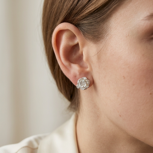 Aretes flor mini de plata 925 puestos en la oreja