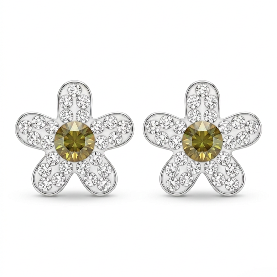 Aretes flor en plata 925 de 9 mm con centro dorado oliva y detalles brillantes