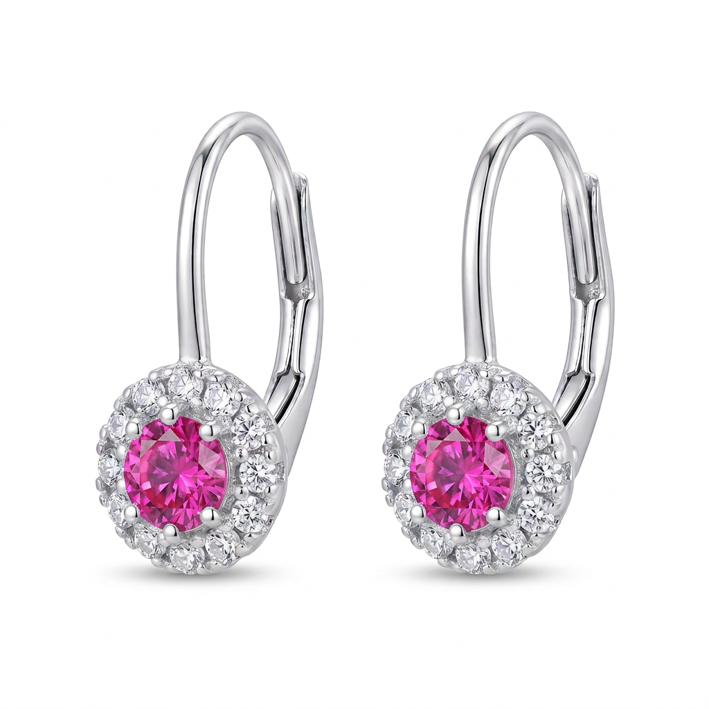 Aretes Halo Fuchsia Lumière de plata 925 con zircon central fucsia de 6 mm