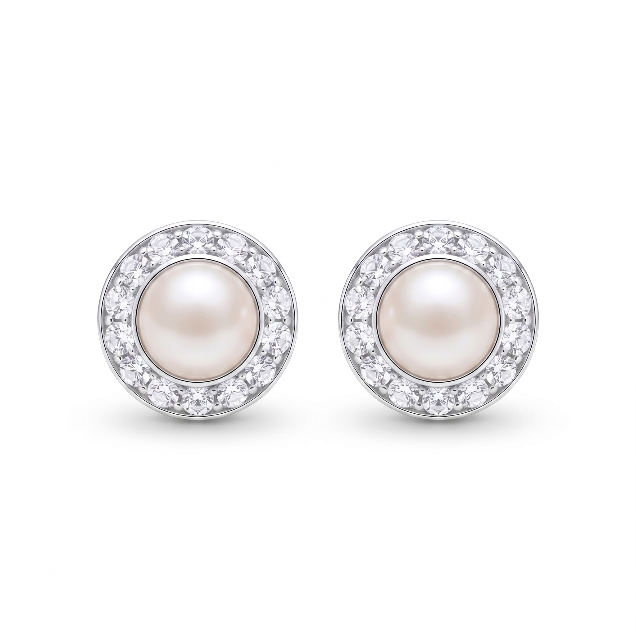 Aretes halo perlado de 6 mm en plata 925 con contorno brillante
