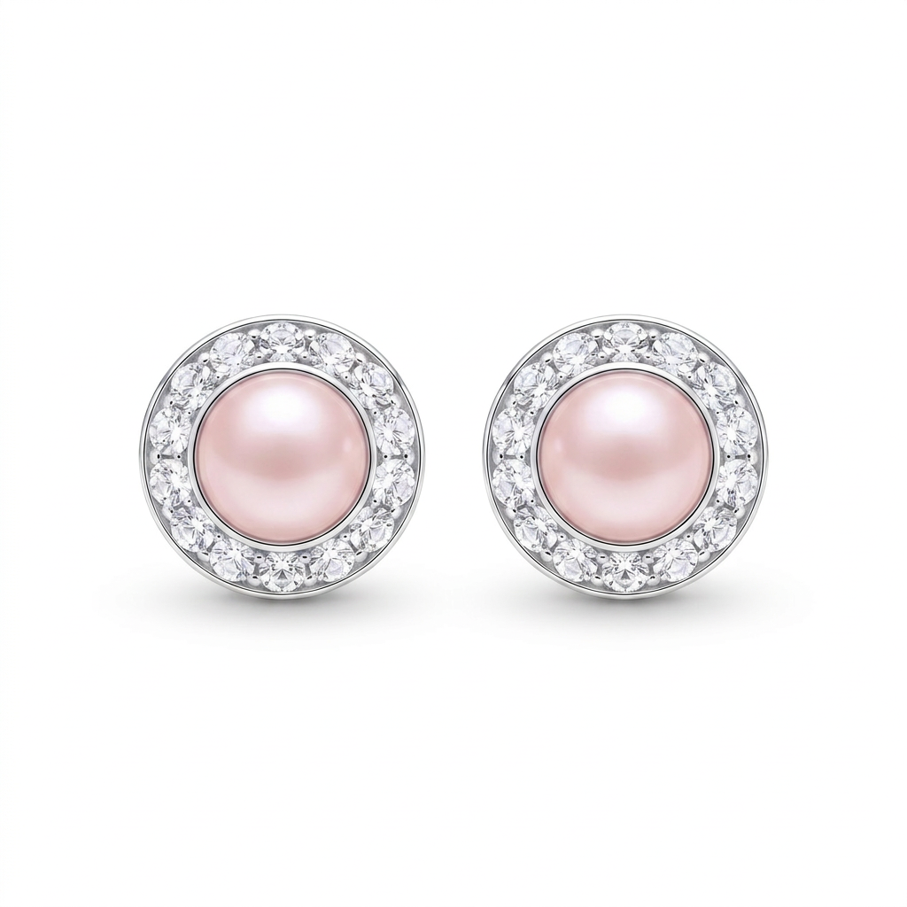 Aretes halo perlado rosa de 6 mm en plata 925 con contorno brillante