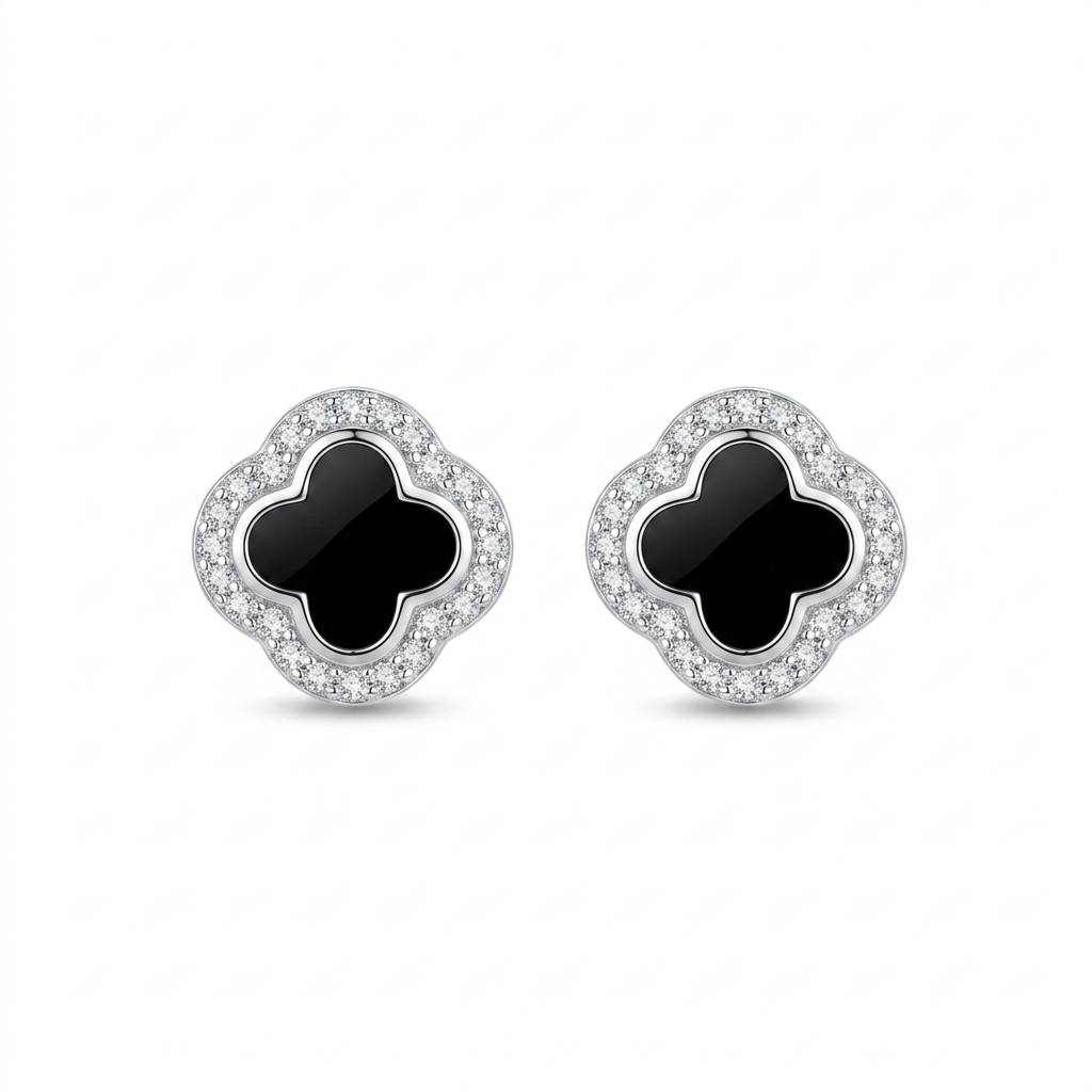 Aretes Mini Trébol Noir de plata 925 con centro negro y zircones transparentes