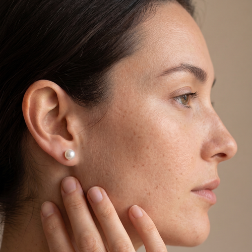 Aretes de plata 950 con perla de río de 7 mm sobre oreja