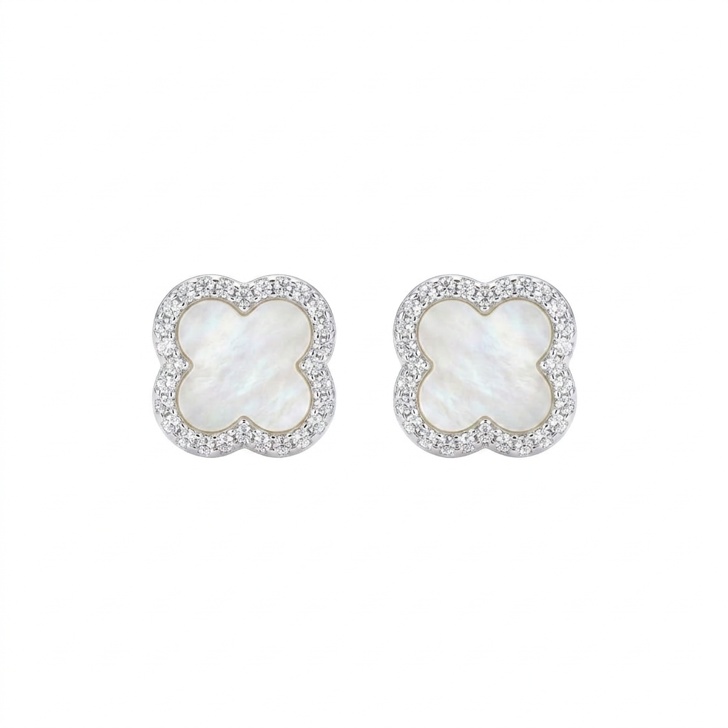 Aretes Trébol Alba de plata 925 con centro de nácar blanco y zircones transparentes