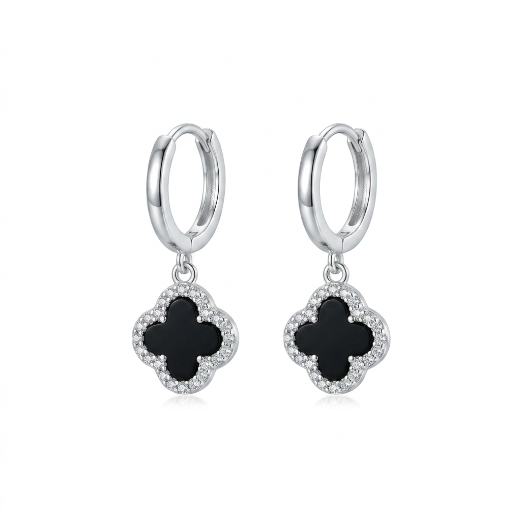 Aretes Trébol Ébano de plata 925 con dije negro y zircones transparentes