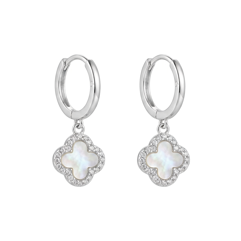 Aretes Trébol Nacaré de plata 925 con dije nacarado y zircones transparentes