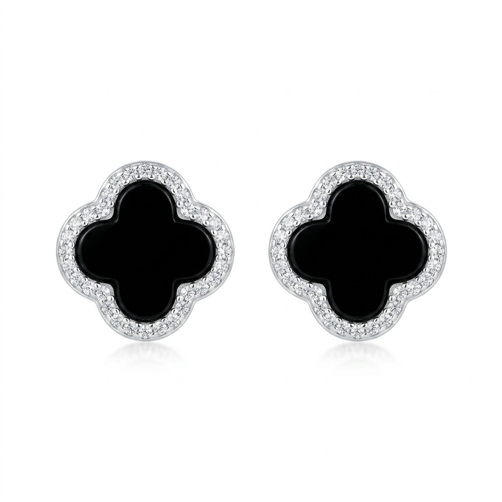 Aretes Trébol Ónix de plata 925 con centro negro y zircones transparentes