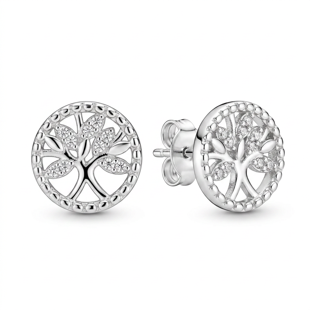 Aretes Árbol de Vida Celeste de plata 925 con diseño circular y zircones transparentes