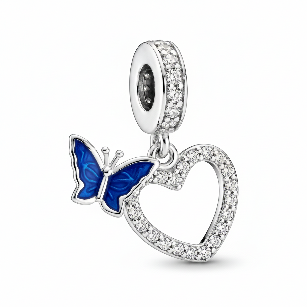Charm Amor Azul Mariposa en plata 925 con corazón calado y detalles brillantes