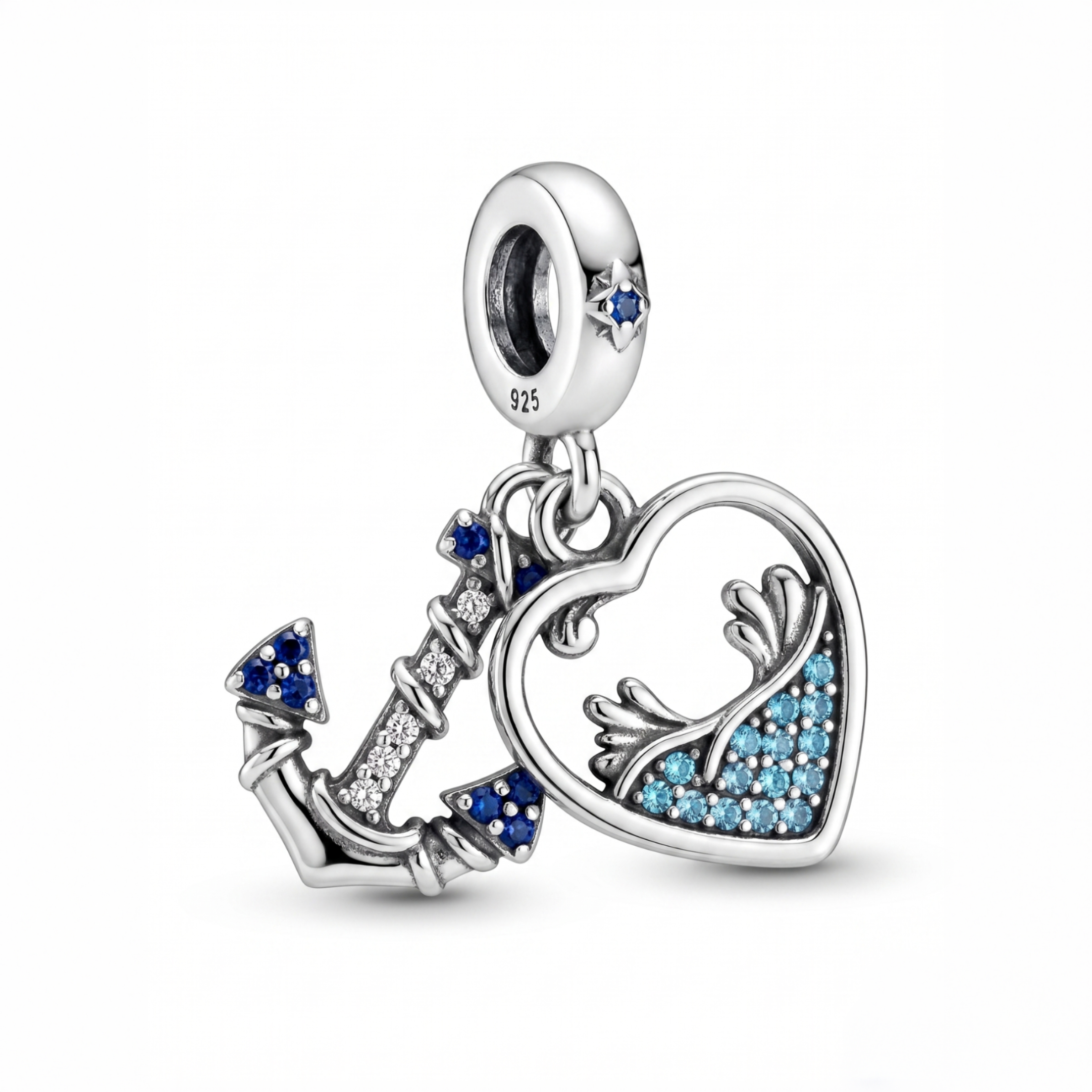 Charm colgante de plata 925 con diseño de ancla y corazón con detalles en tonos azul y celeste
