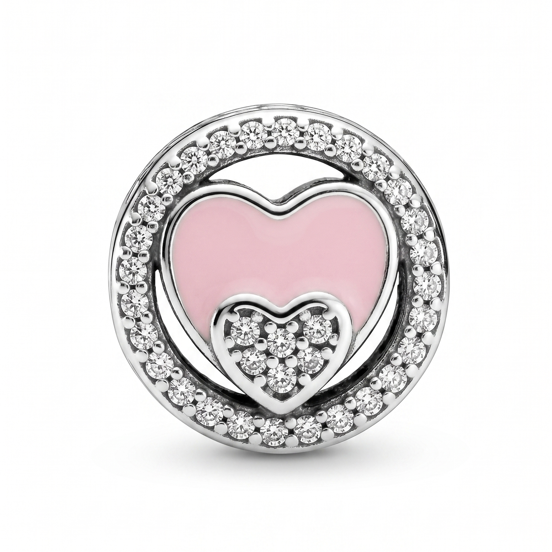 Charm redondo de plata 925 con doble corazón rosa y detalles brillantes sobre fondo blanco