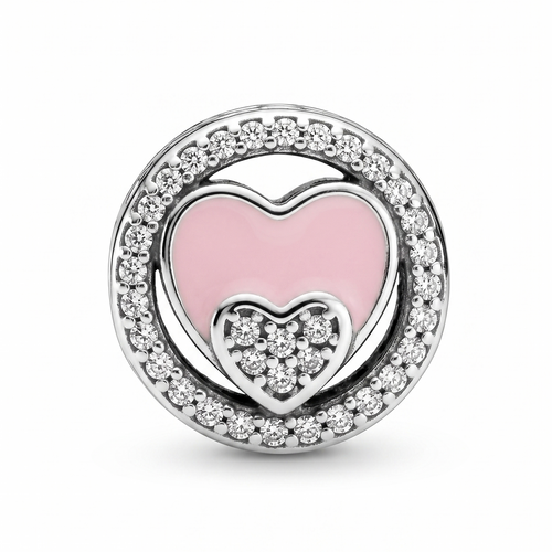 Charm redondo de plata 925 con doble corazón rosa y detalles brillantes sobre fondo blanco