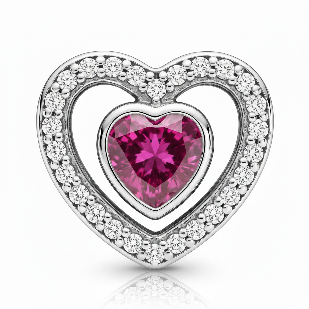 Charm corazón fucsia en plata 925 con borde brillante y zircón fucsia